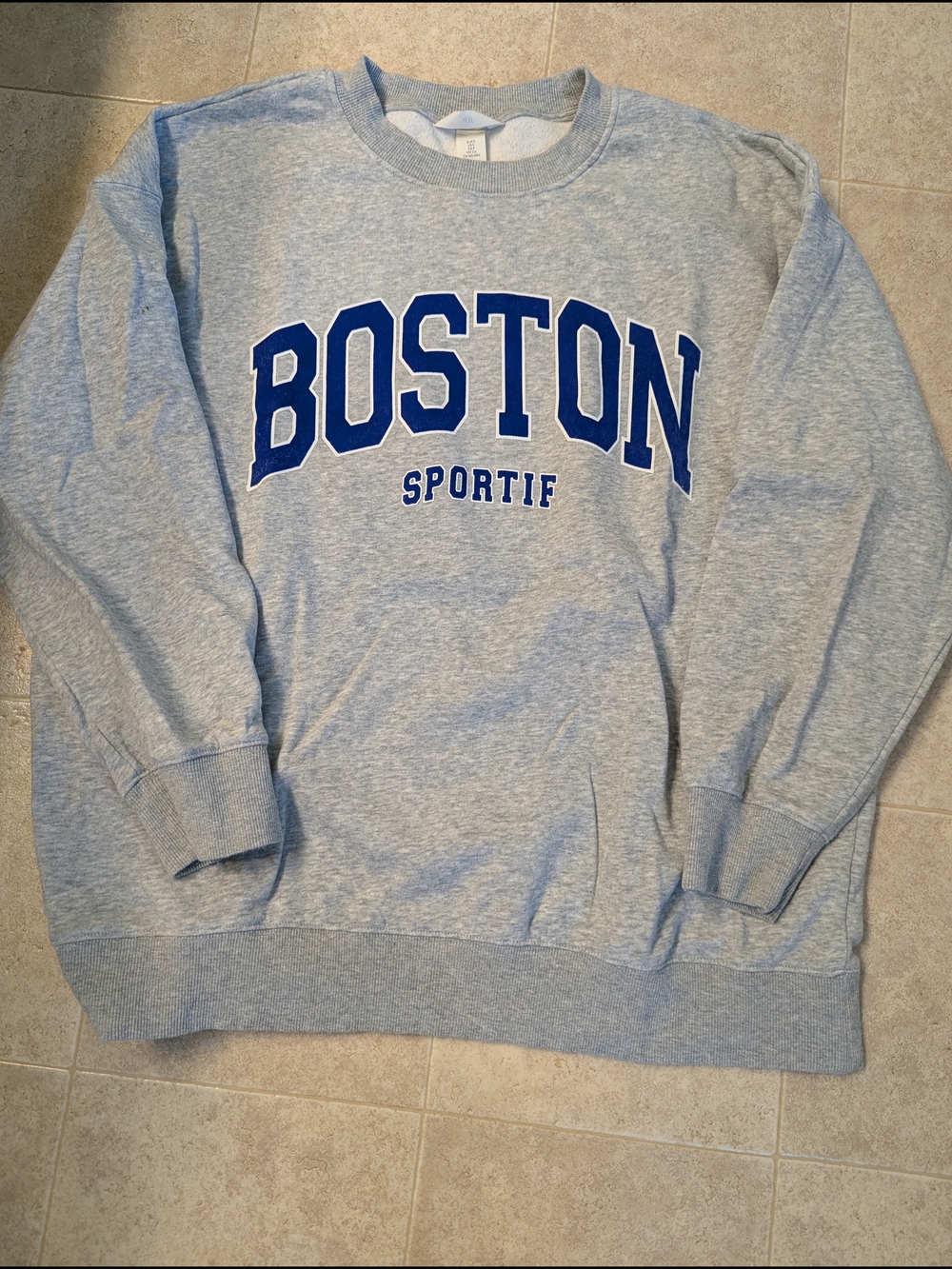 H&M Gray Crewneck Sweatshirt with Blue 'BOSTON' Text